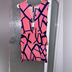 Colori orange/peach & blue knee length dress formal/business w/a low v-neckline